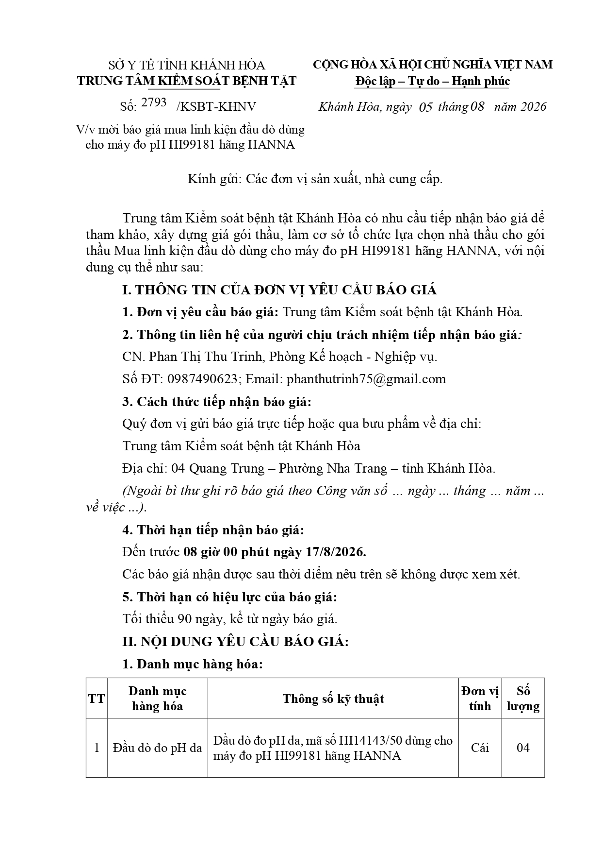 V/v mời báo giá mua linh kiện đầu dò dùng cho máy đo pH HI99181 hãng HANNA